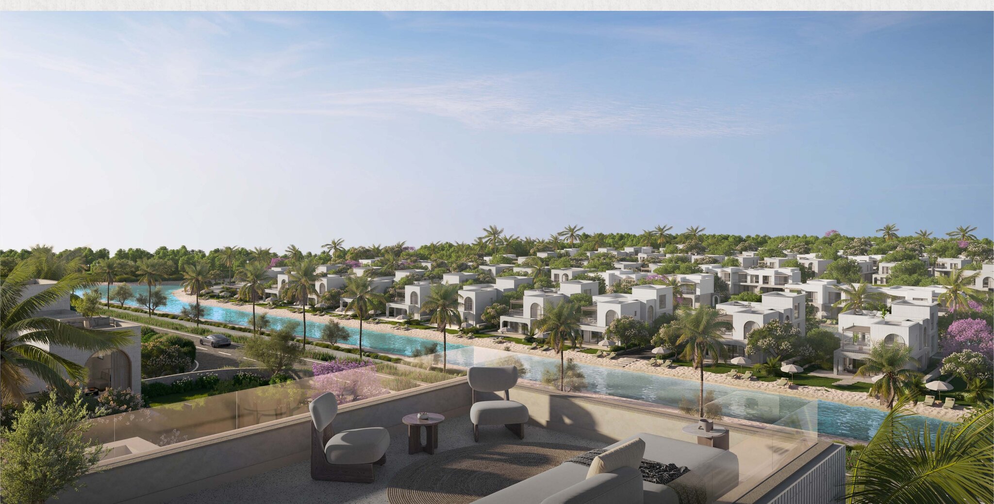 Aerial, lagoon and villascape at The Med